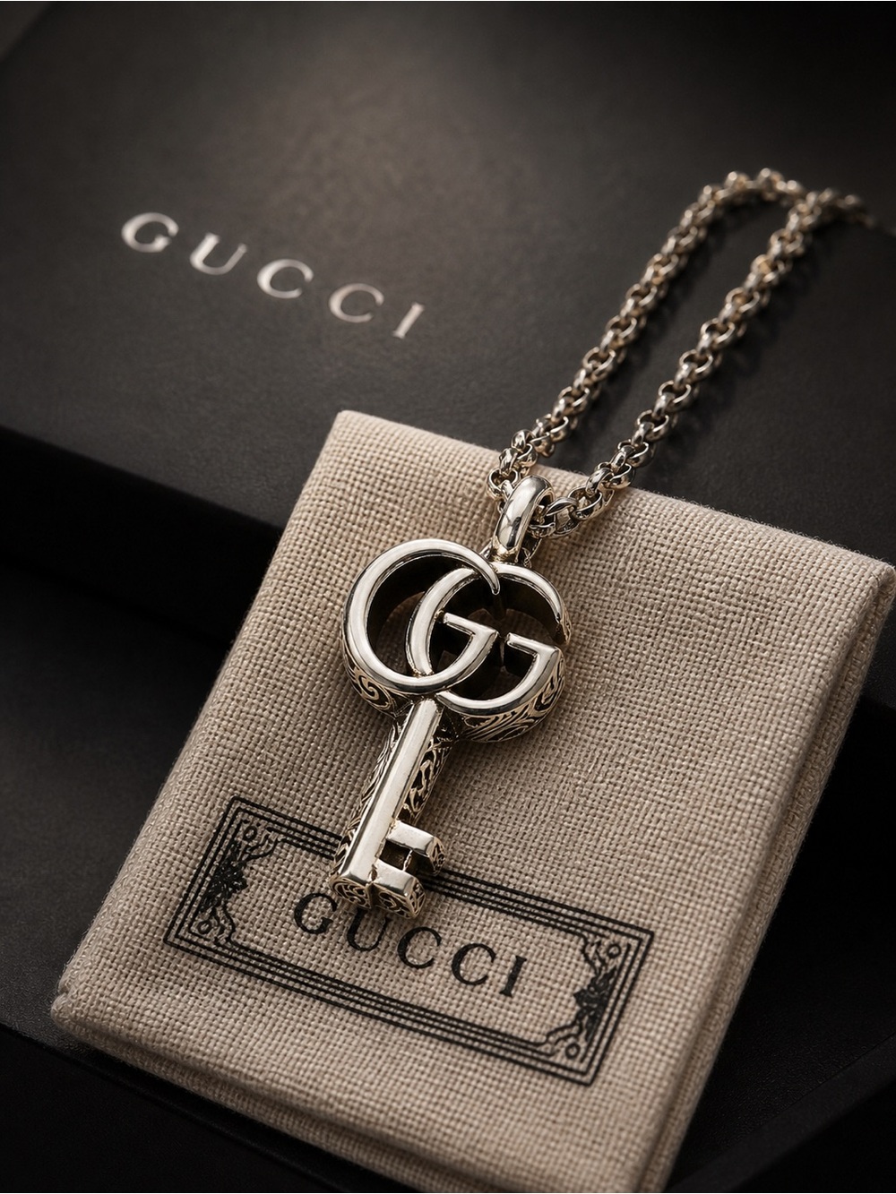 Gucci Double G Key Pendant Necklace 925 Sterling Silver Chain - Picture 4 of 10